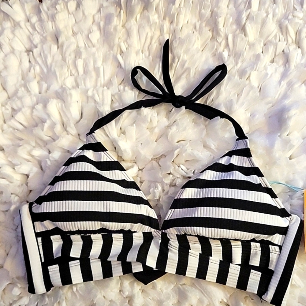 Kona Sol black white striped bikini bra top removable pads tie back/neck New…